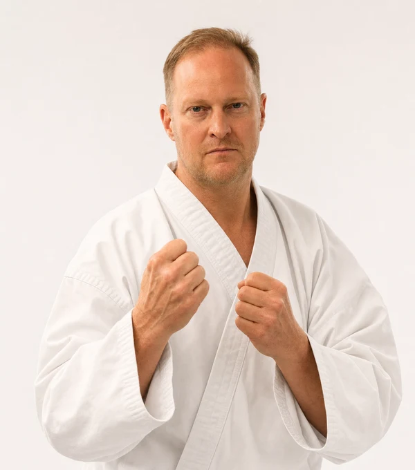 Michael Tischler in Kampfstellung im weißen Karate-Gi
